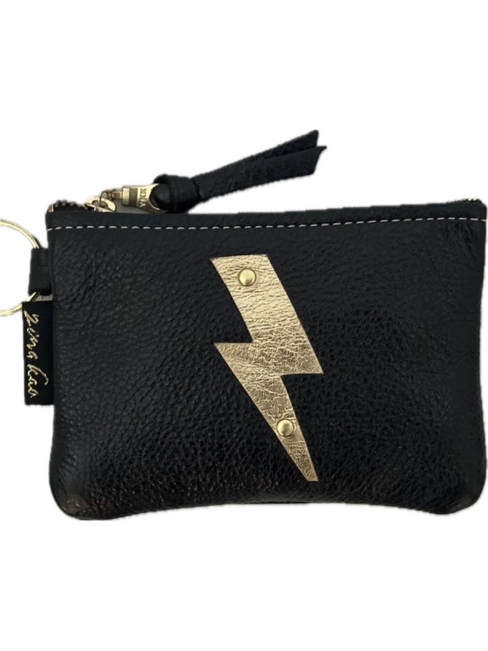 Zina Kao Gold Lightning Bolt Black Leather Coin Pouch Keyring